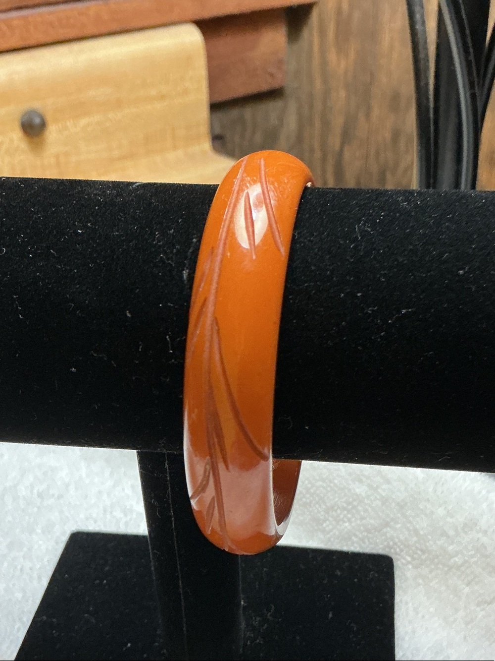 Vintage Bakelite Orange Carved Resin Bangle Bracelet